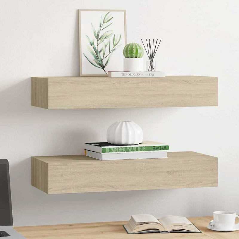 vidaXL 2 db tölgyszínű MDF falra szerelhető fiókos polc 60x23,5x10 cm