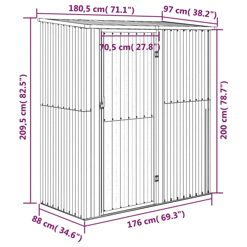 vidaXL szürke horganyzott acél kerti fészer 180,5 x 97 x 209,5 cm