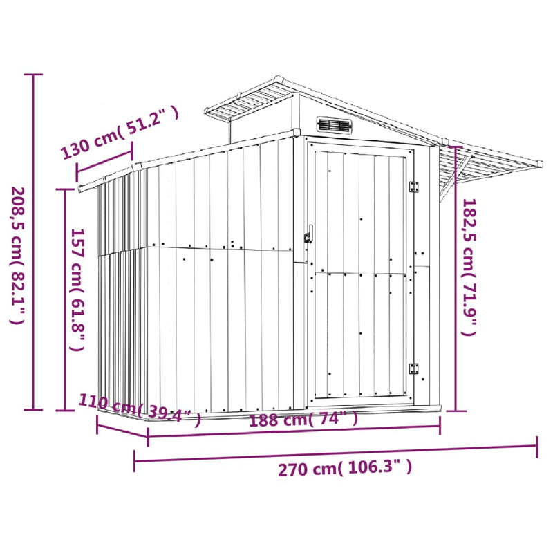 vidaXL barna horganyzott acél kerti fészer 270 x 130 x 208,5 cm