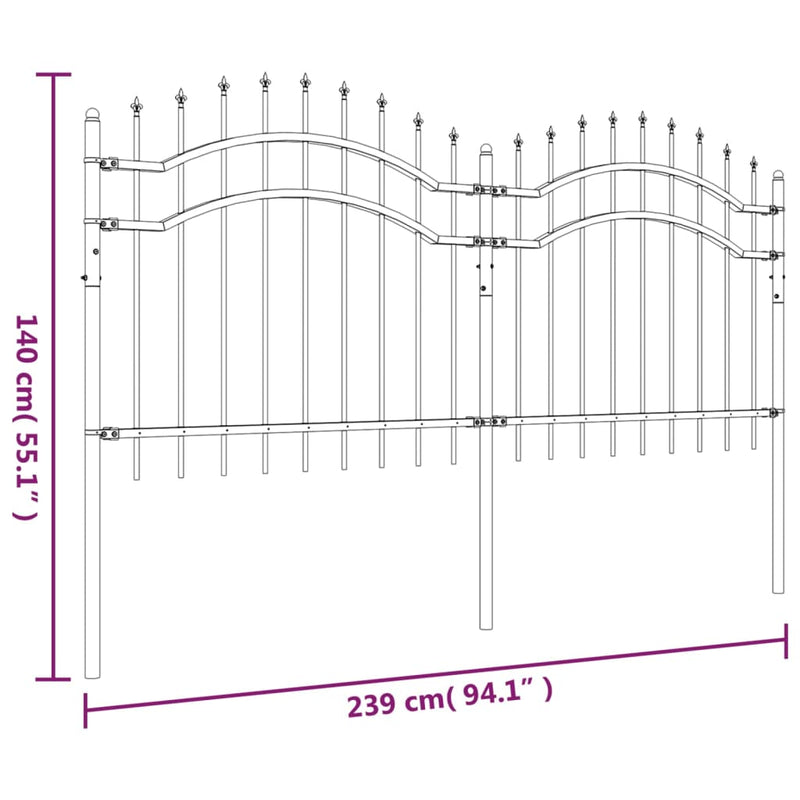 vidaXL fekete porszórt acél kerti kerítés lándzsa hegyekkel 140 cm