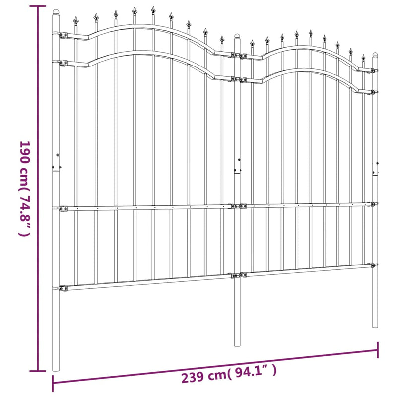 vidaXL fekete porszórt acél kerti kerítés lándzsa hegyekkel 190 cm