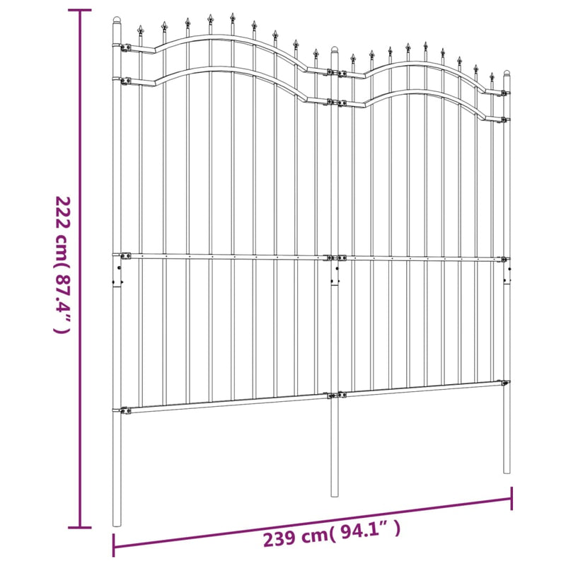 vidaXL fekete porszórt acél kerti kerítés lándzsás tetejjel 239 x 175 cm