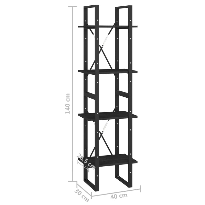 vidaXL négyszintes fekete tömör fenyőfa könyvszekrény 40 x 30 x 140 cm