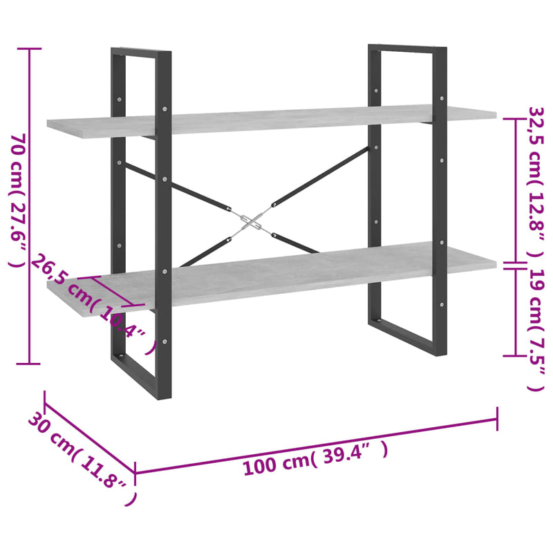 vidaXL kétszintes betonszürke szerelt fa könyvszekrény 100x30x70 cm