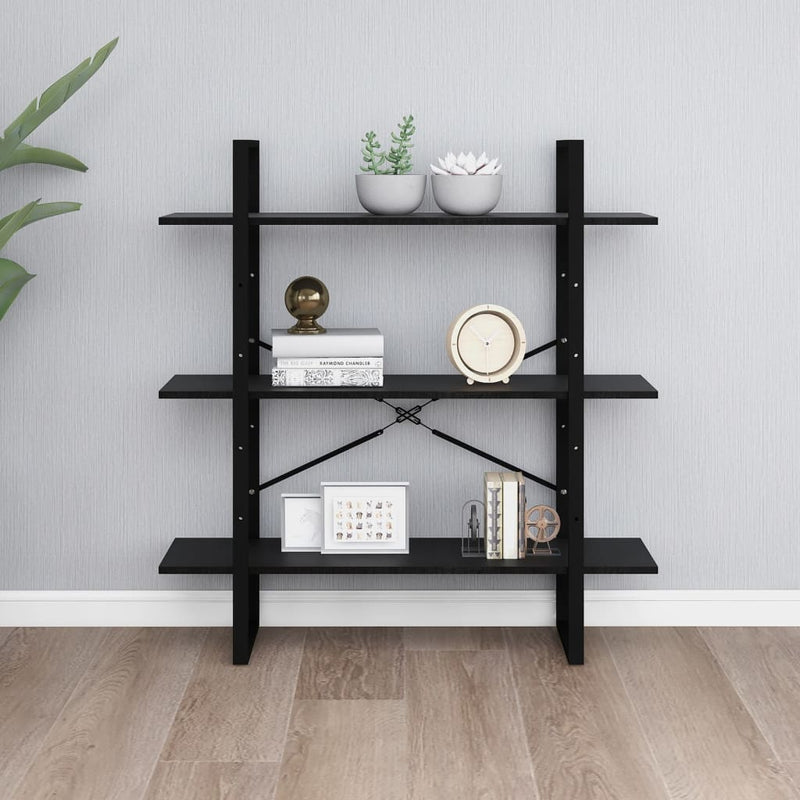 vidaXL háromszintes fekete tömör fenyőfa könyvszekrény 100x30x105 cm