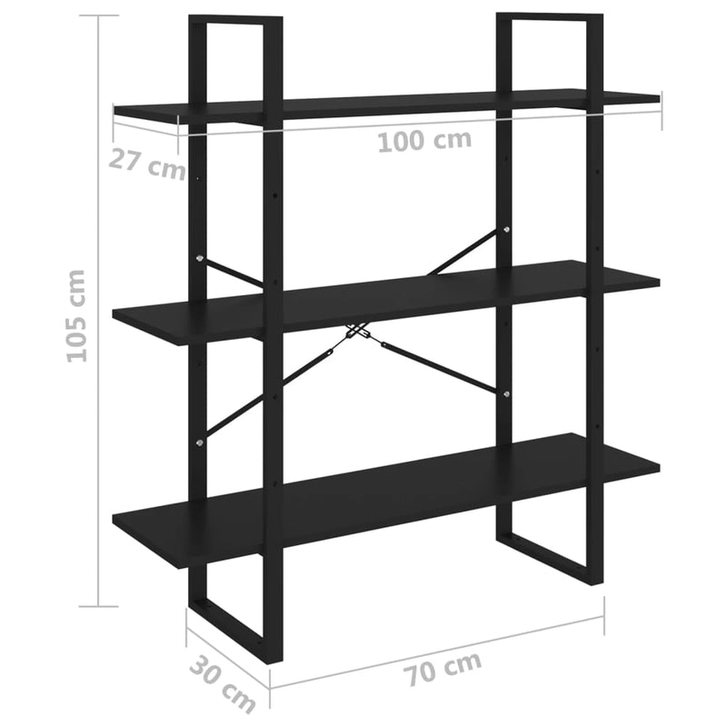 vidaXL háromszintes fekete tömör fenyőfa könyvszekrény 100x30x105 cm