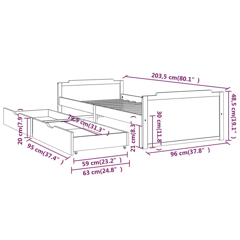 vidaXL mézbarna tömör fenyőfa ágykeret fiókkal 90 x 200 cm
