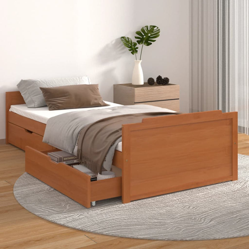 vidaXL mézbarna tömör fenyőfa ágykeret fiókkal 90 x 200 cm