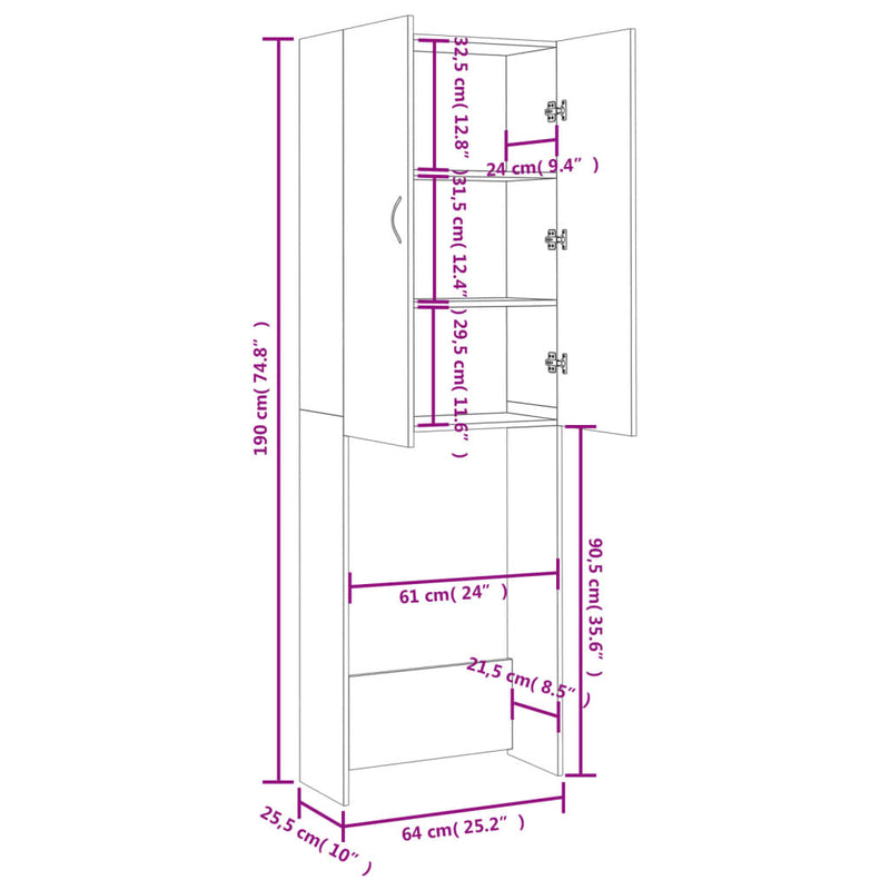 vidaXL sonoma tölgy színű mosógépszekrény 64 x 25,5 x 190 cm