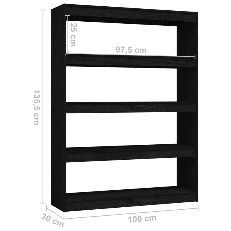 vidaXL fekete tömör fenyőfa könyvszekrény/térelválasztó 100 x 30 x 135,5 cm