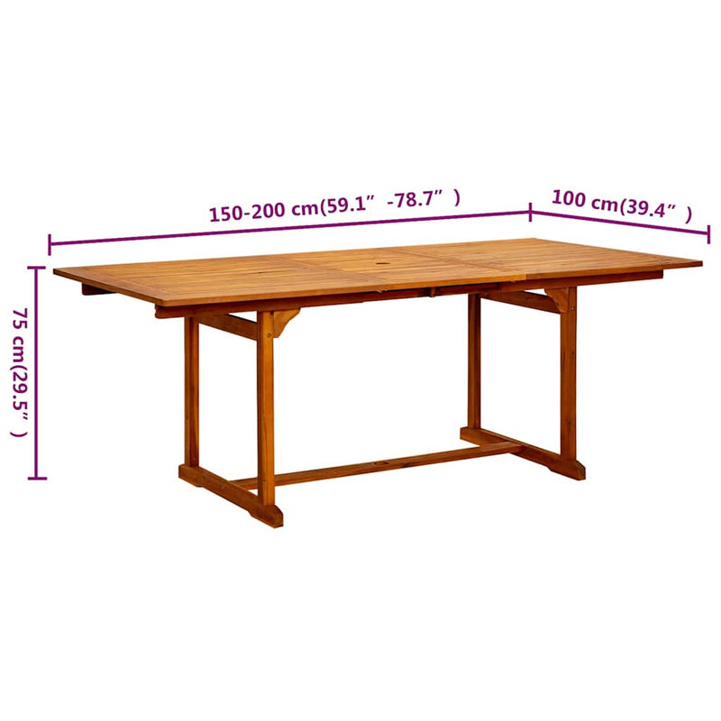 vidaXL tömör akácfa kerti étkezőasztal (150-200) x 100 x 75 cm