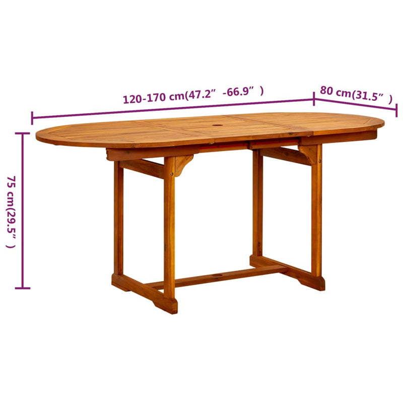 vidaXL tömör akácfa kerti étkezőasztal (120-170) x 80 x 75 cm