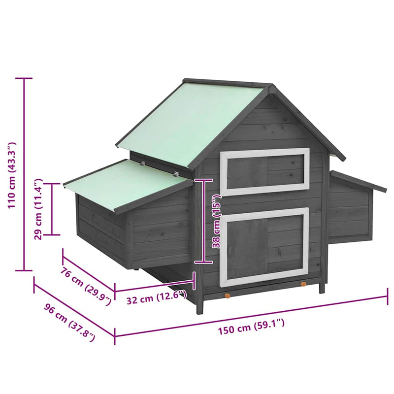 vidaXL szürke-fehér tömör fenyőfa tyúkól 150 x 96 x 110 cm
