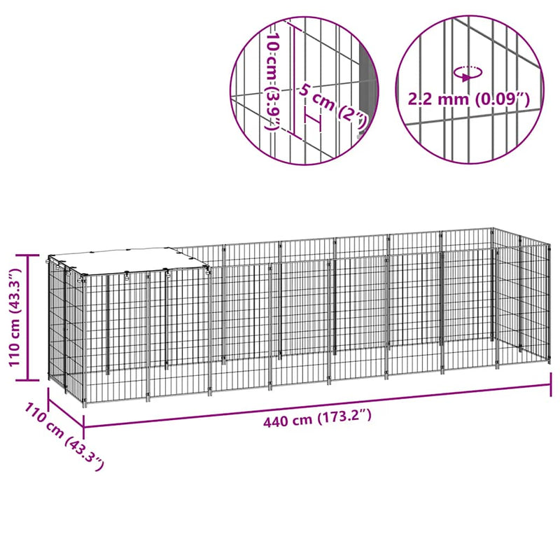 vidaXL fekete acél kutyakennel 4,84 m²