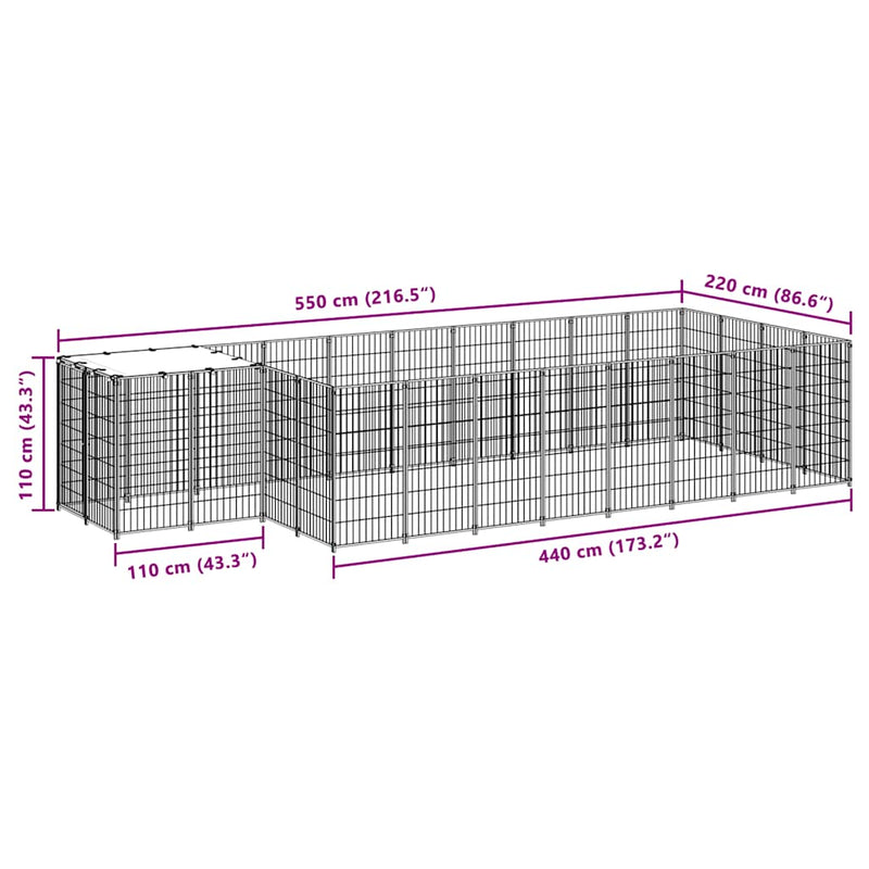 vidaXL fekete acél kutyakennel 10,89 m²
