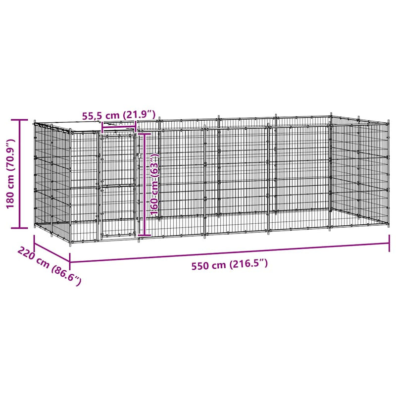 vidaXL kültéri horganyozott acél kutyakennel tetővel 12,1 m²