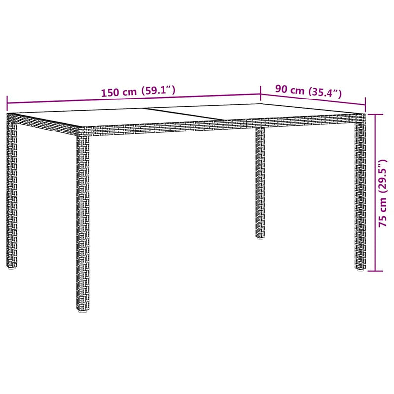 vidaXL barna polyrattan és edzett üveg kerti asztal 150 x 90 x 75 cm