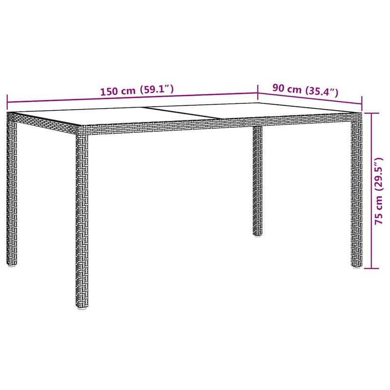 vidaXL bézs polyrattan és edzett üveg kerti asztal 150 x 90 x 75 cm