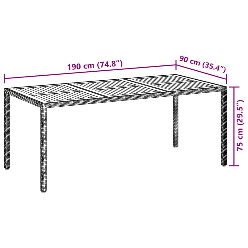 vidaXL fekete polyrattan és akácfa kerti asztal 190 x 90 x 75 cm