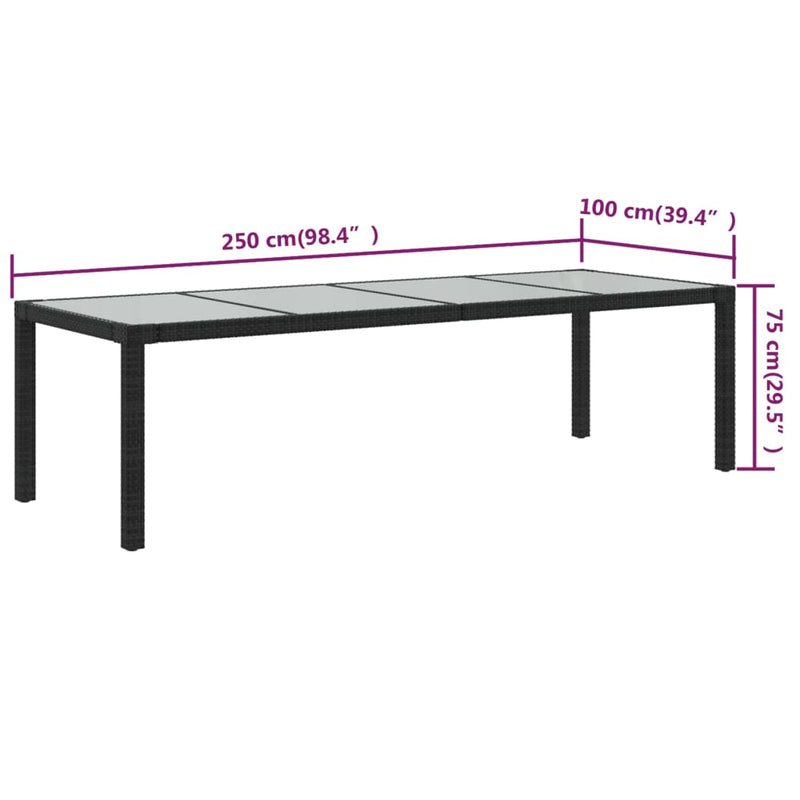 vidaXL fekete polyrattan és edzett üveg kerti asztal 250 x 100 x 75 cm