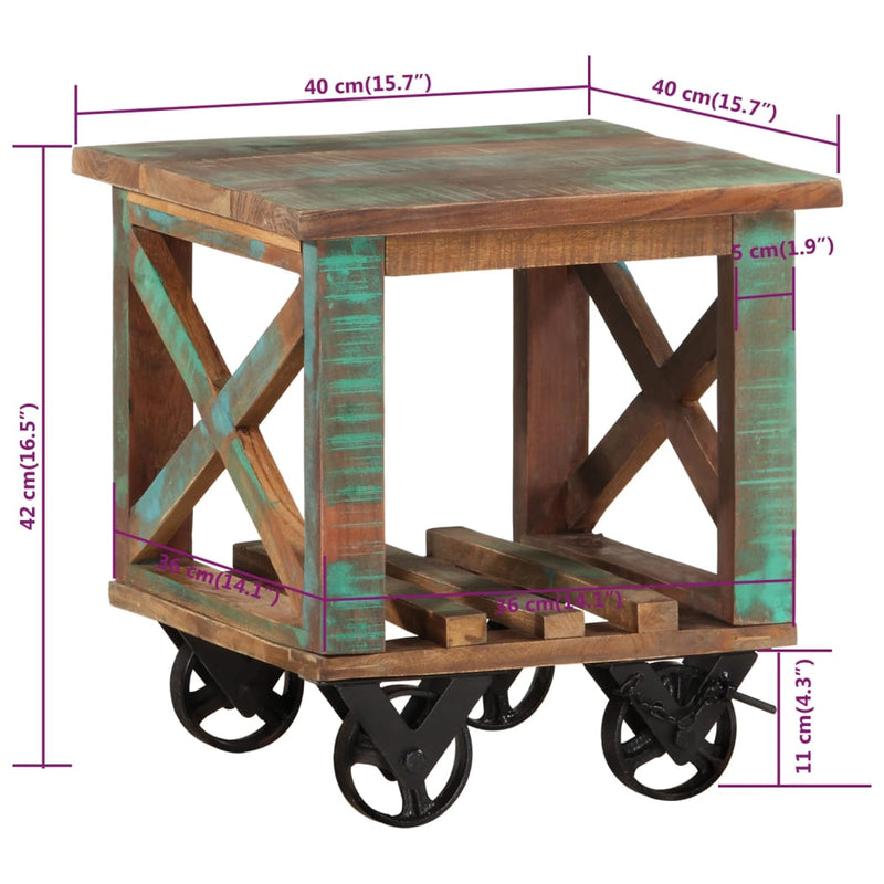 vidaXL tömör újrahasznosított fa kisasztal kerekekkel 40 x 40 x 42 cm