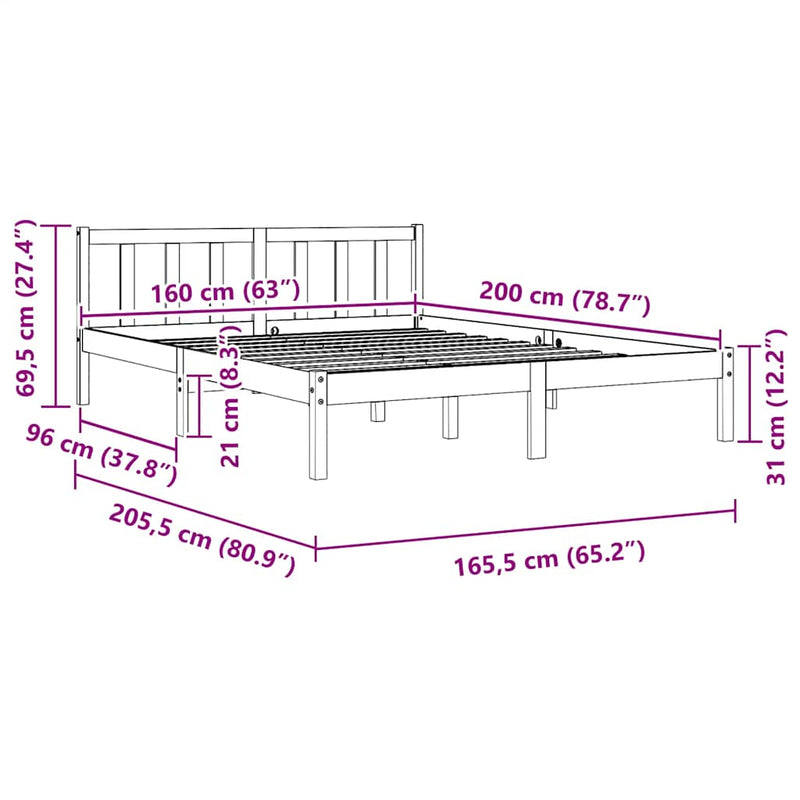 vidaXL fehér tömör fenyőfa ágykeret 160x200 cm