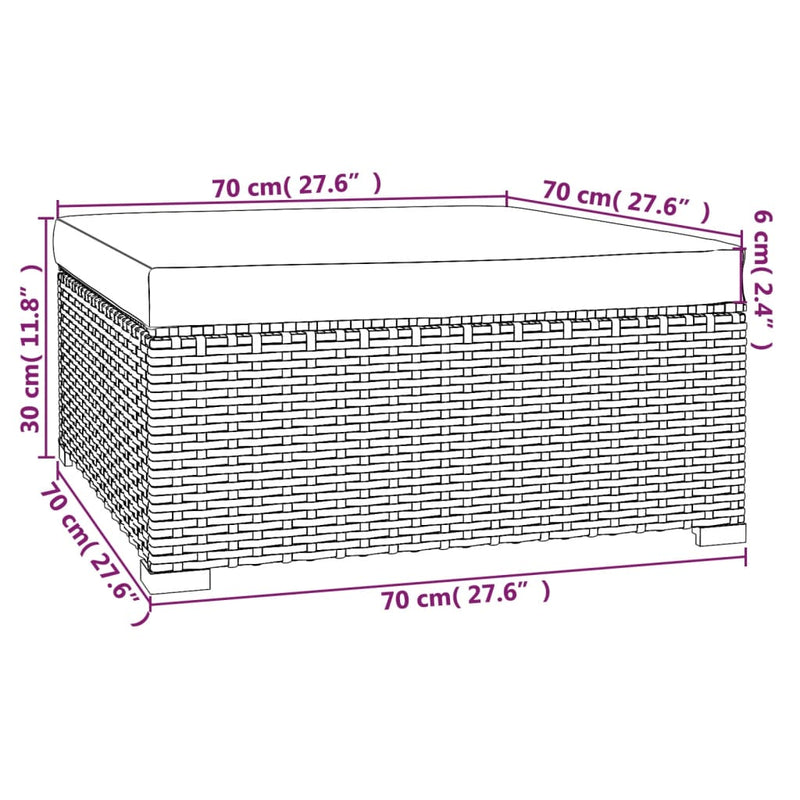 vidaXL fekete polyrattan kerti lábtartó párnával 70 x 70 x 30 cm