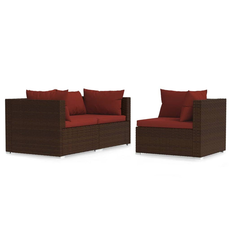 vidaXL 3 részes barna polyrattan kerti bútorszett párnákkal
