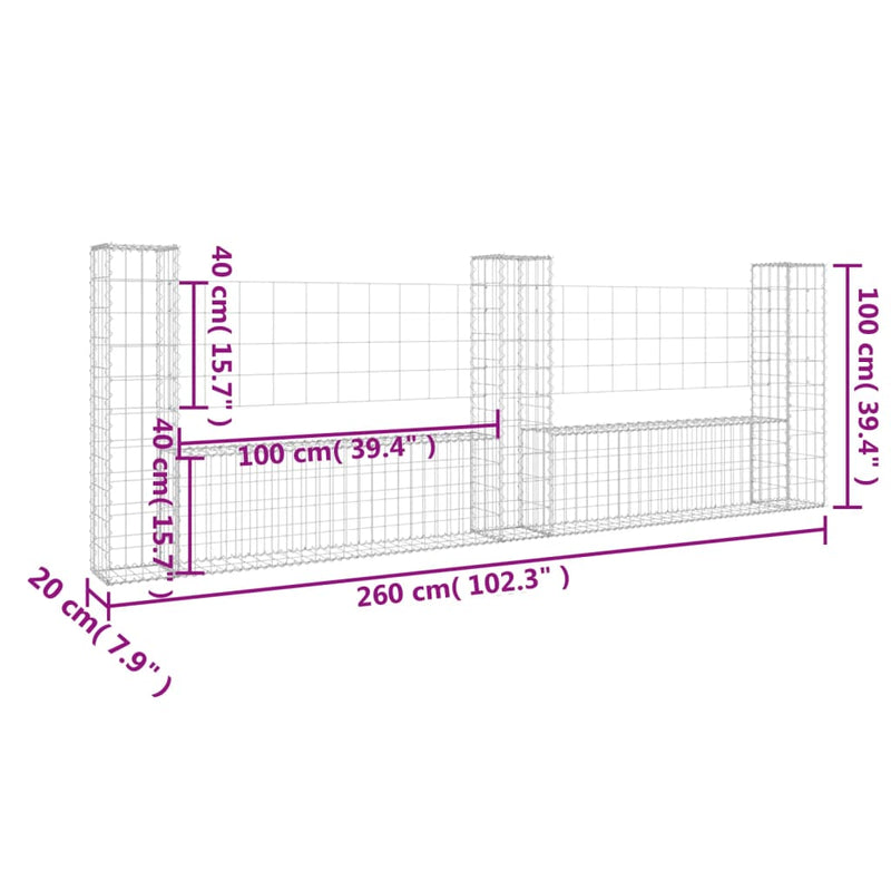 vidaXL U-alakú vas gabionkosár 3 oszloppal 260 x 20 x 100 cm