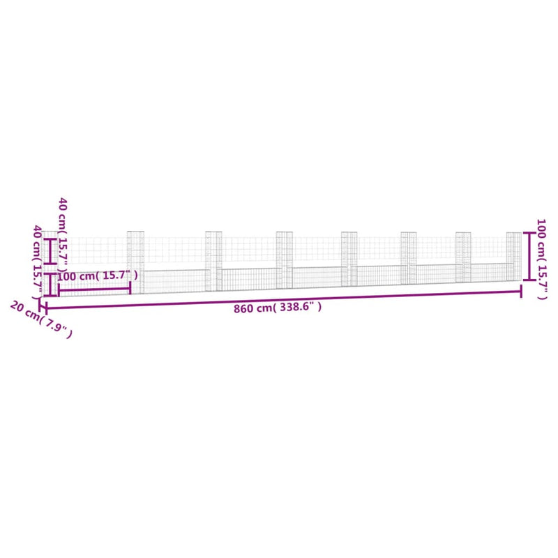 vidaXL U-alakú vas gabionkosár 8 oszloppal 860 x 20 x 100 cm