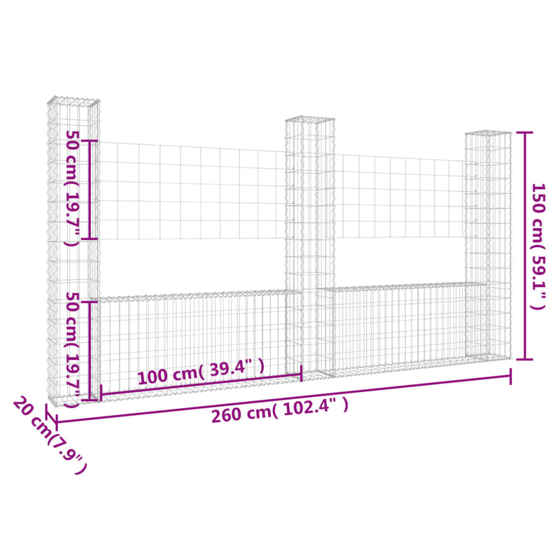 vidaXL U-alakú vas gabionkosár 3 oszloppal 260 x 20 x 150 cm