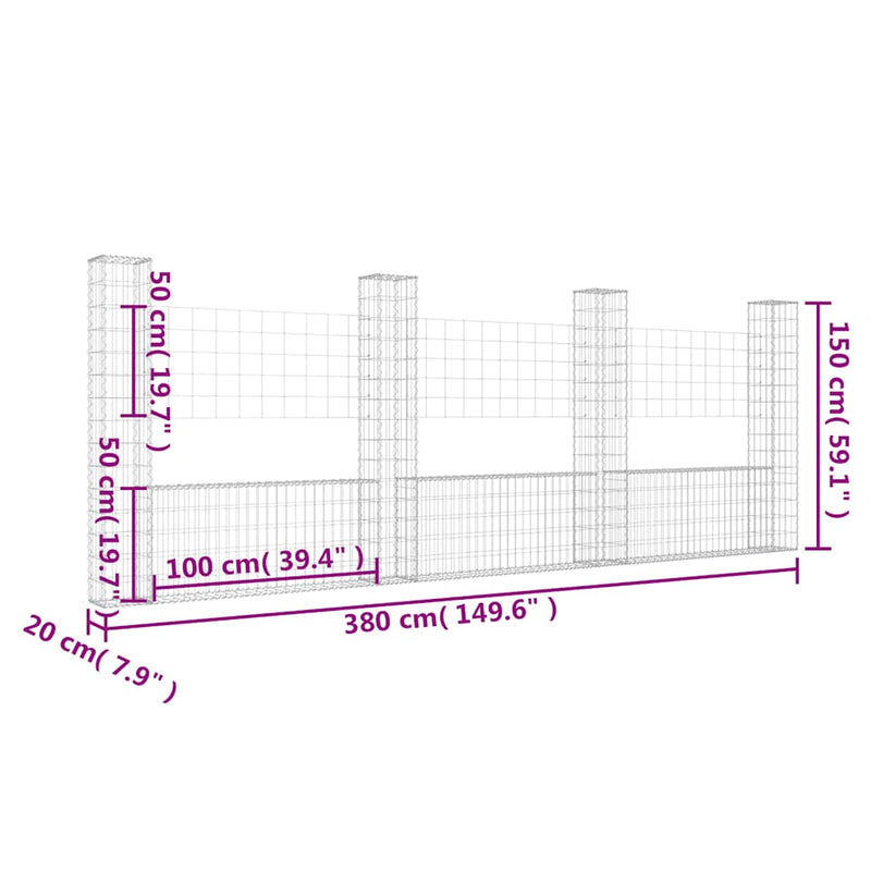 vidaXL U-alakú vas gabionkosár 4 oszloppal 380 x 20 x 150 cm
