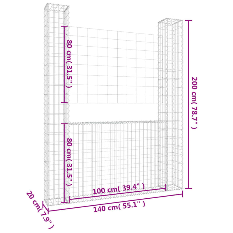 vidaXL U-alakú vas gabionkosár 2 oszloppal 140 x 20 x 200 cm