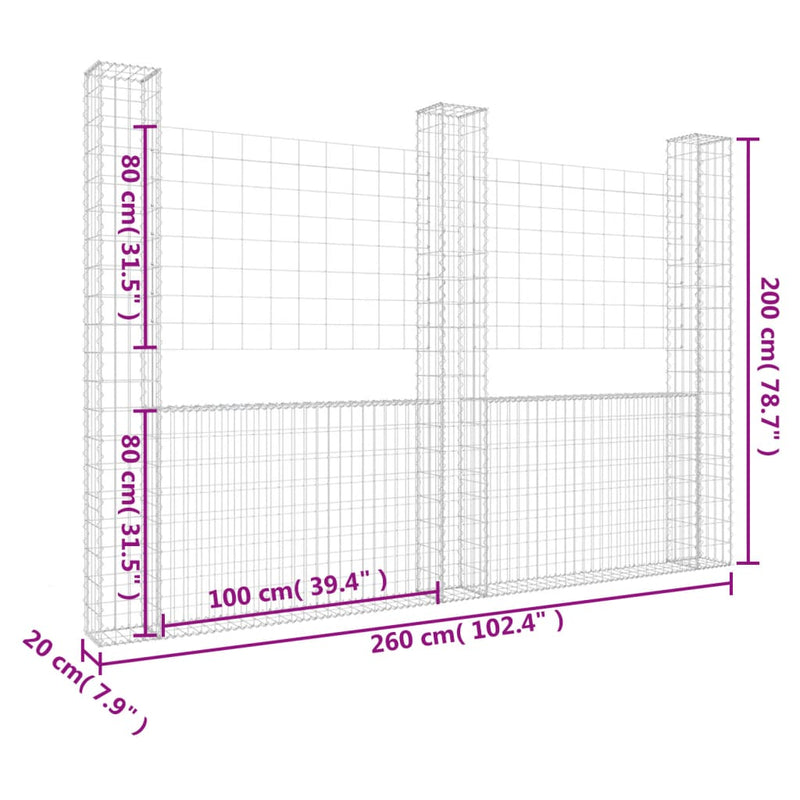 vidaXL U-alakú vas gabionkosár 3 oszloppal 260 x 20 x 200 cm
