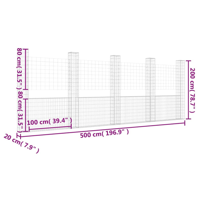 vidaXL U-alakú vas gabionkosár 5 oszloppal 500 x 20 x 200 cm