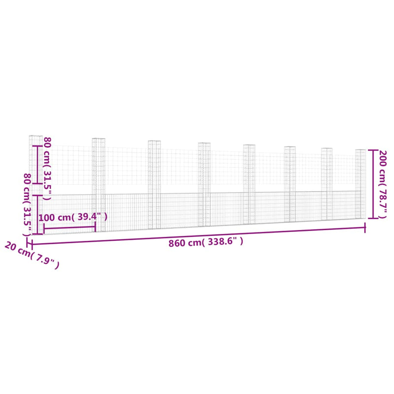 vidaXL U-alakú vas gabionkosár 8 oszloppal 860 x 20 x 200 cm