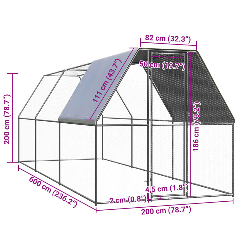vidaXL kültéri horganyzott acél tyúkól 2 x 6 x 2 m