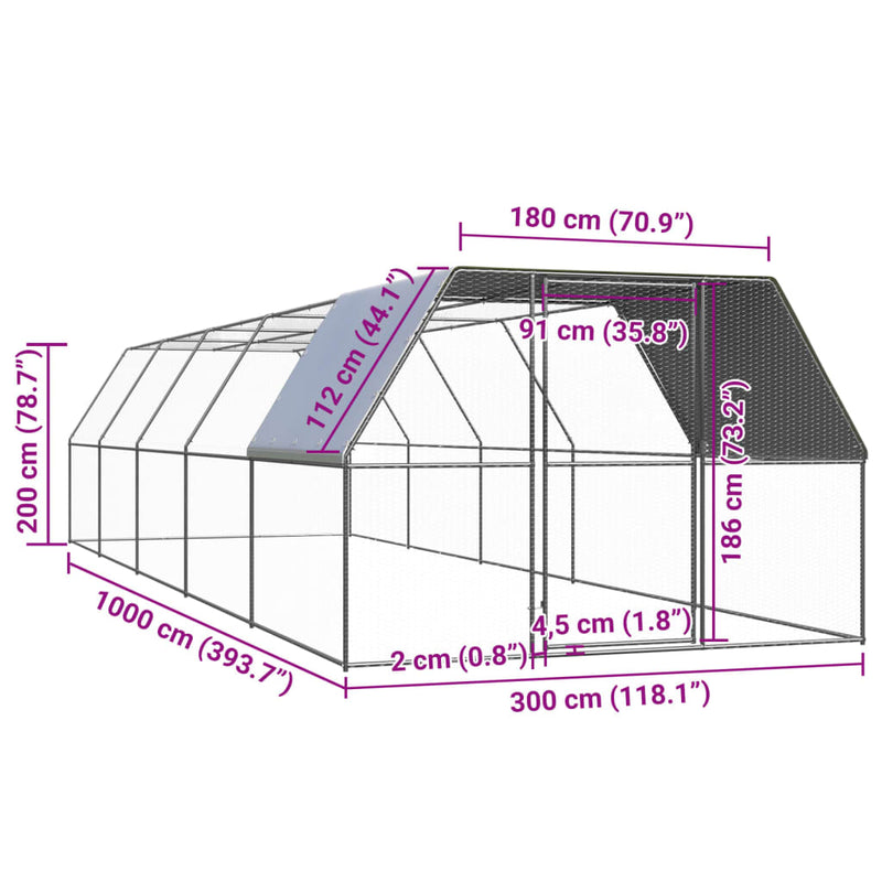 vidaXL kültéri horganyzott acél tyúkól 3 x 10 x 2 m