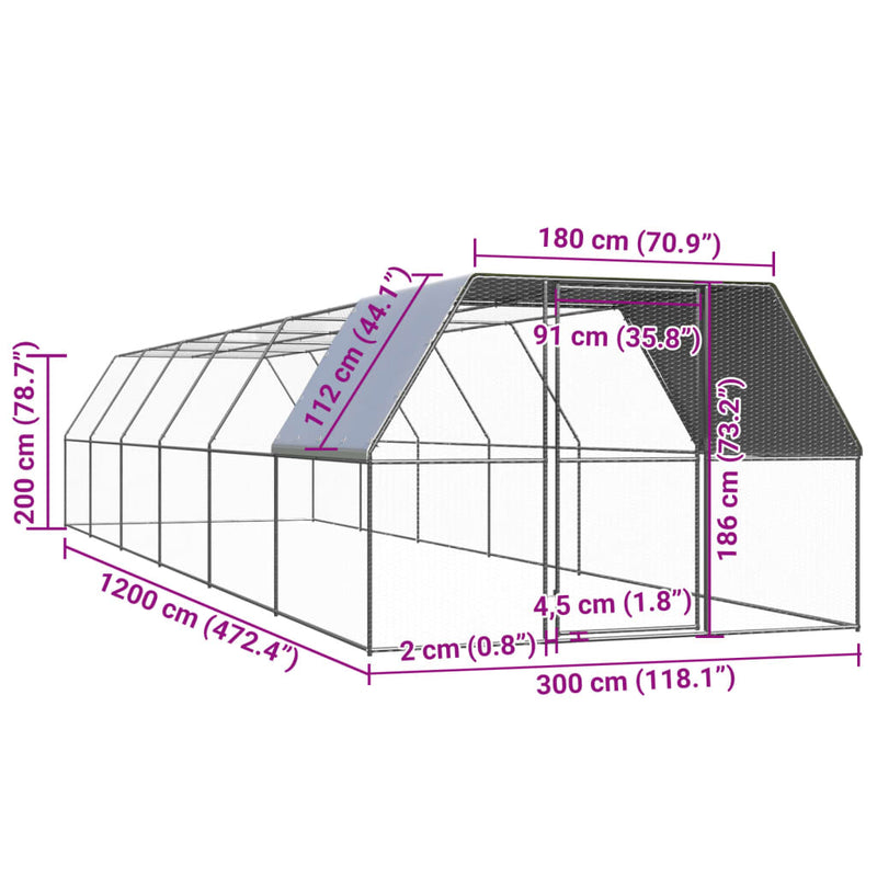 vidaXL kültéri horganyzott acél tyúkól 3 x 12 x 2 m