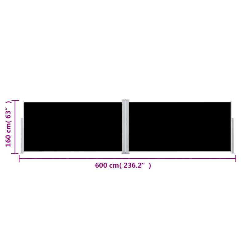 vidaXL fekete behúzható oldalsó napellenző 160 x 600 cm
