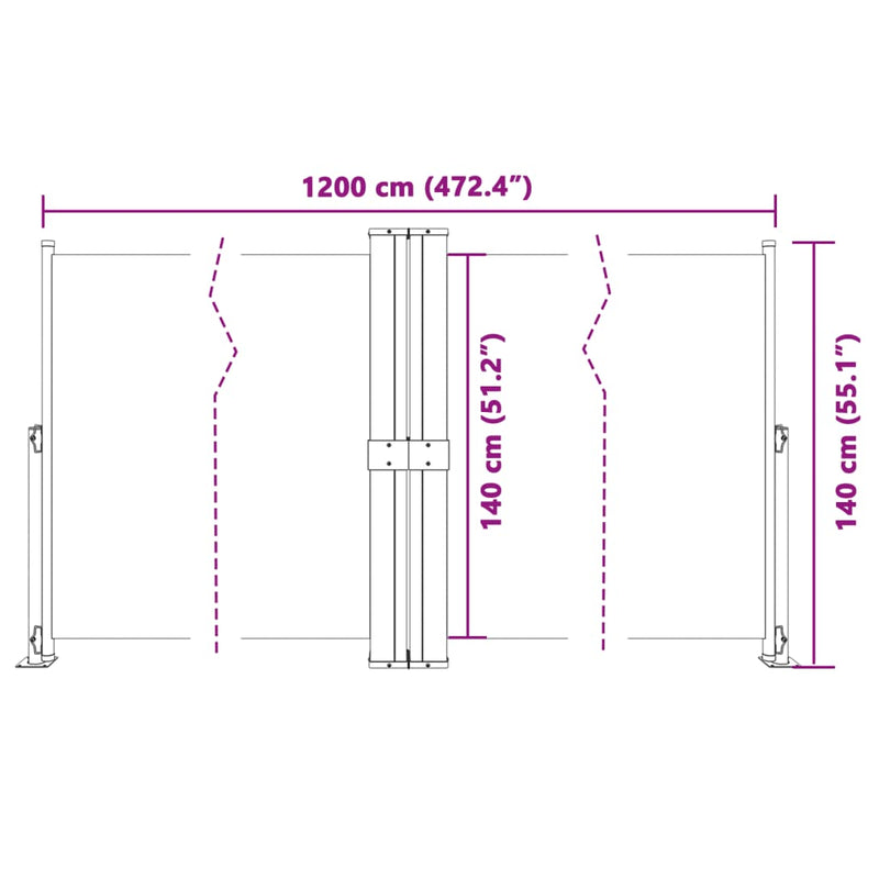 vidaXL fekete behúzható oldalsó napellenző 140 x 1200 cm