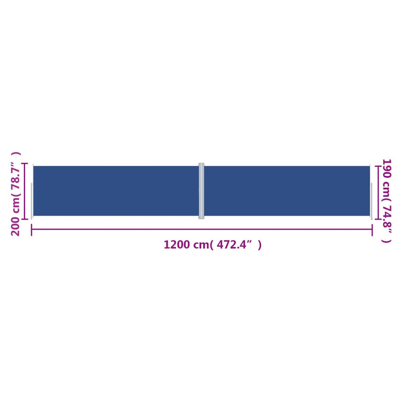 vidaXL kék behúzható oldalsó napellenző 200 x 1200 cm