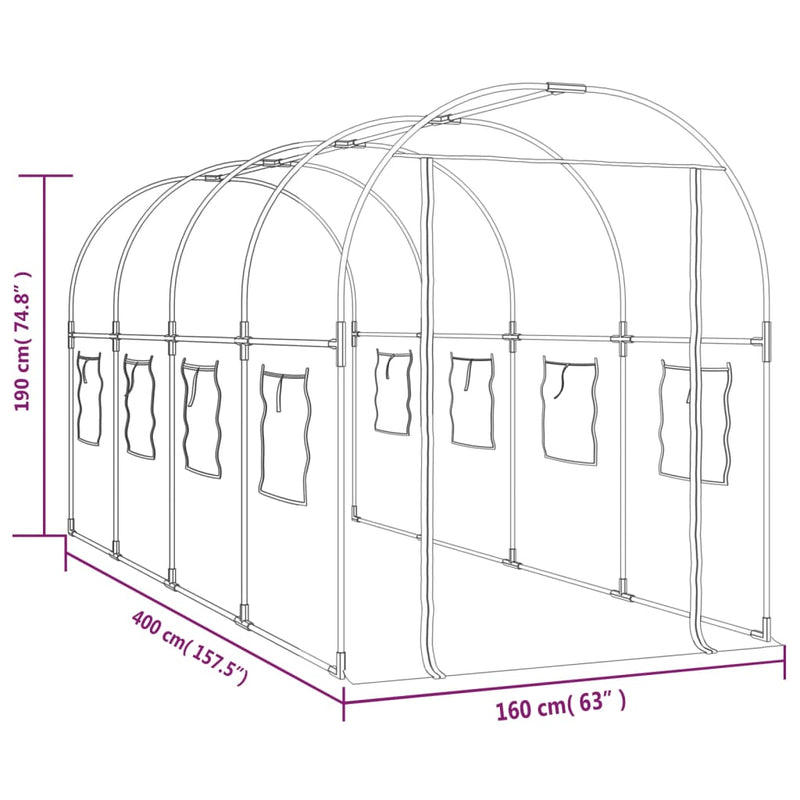 vidaXL átlátszó PVC és porszórt acél melegház 160 x 400 x 190 cm