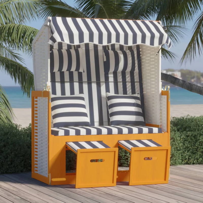vidaXL fehér és kék polyrattan és tömör fa strandszék párnákkal