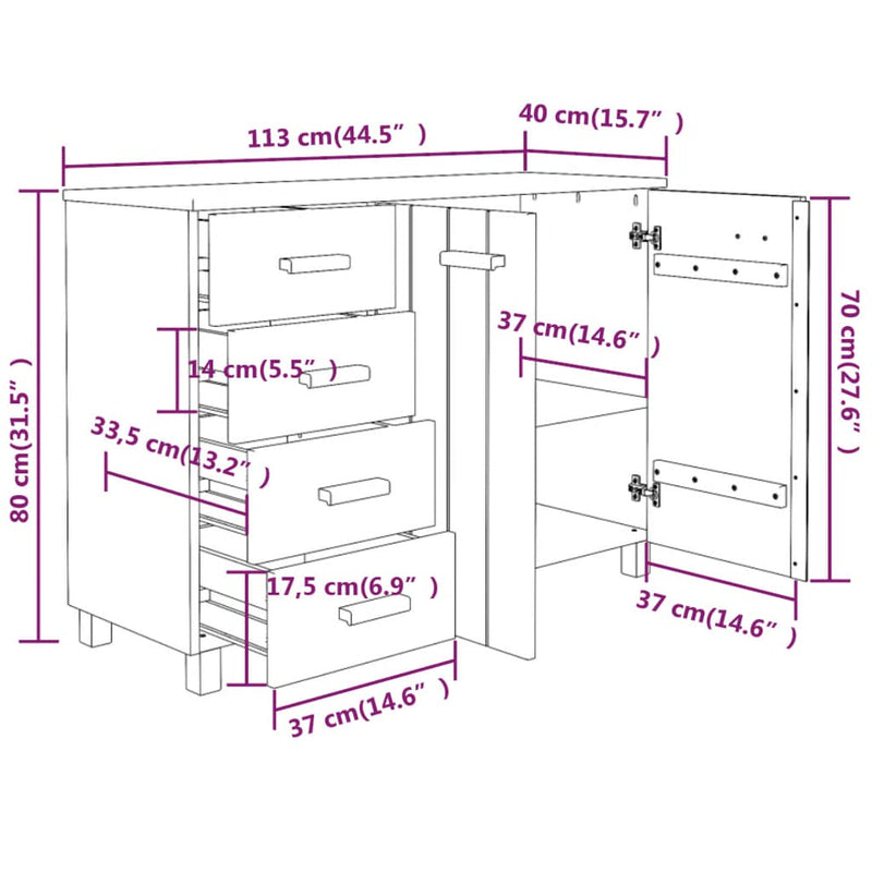 vidaXL HAMAR sötétszürke tömör fenyőfa tálalószekrény 113 x 40 x 80 cm