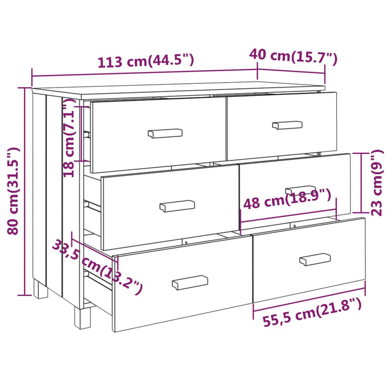 vidaXL HAMAR sötétszürke tömör fenyőfa tálalószekrény 113 x 40 x 80 cm