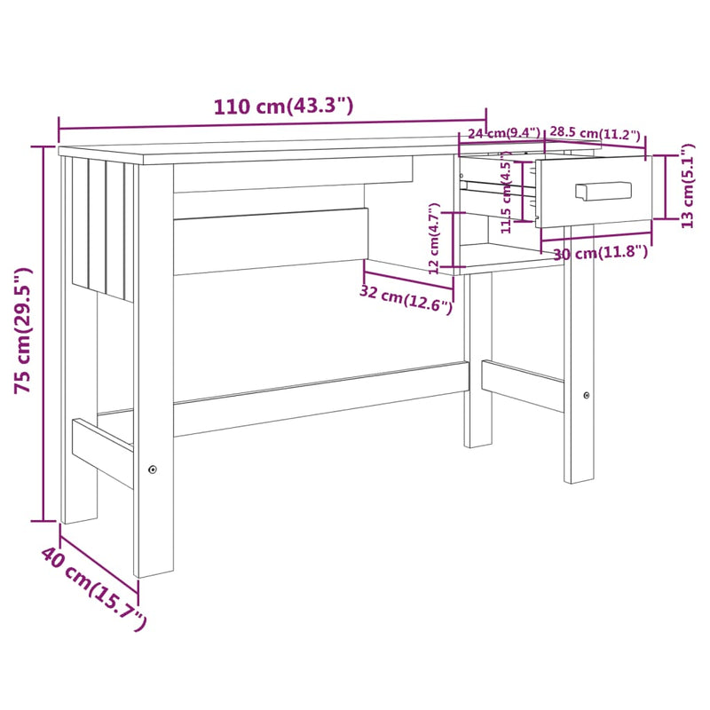 vidaXL HAMAR sötétszürke tömör fenyőfa íróasztal 110 x 40 x 75 cm