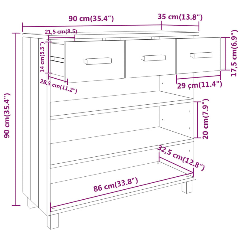 vidaXL HAMAR fehér tömör fenyőfa tálalóasztal 90 x 35 x 90 cm