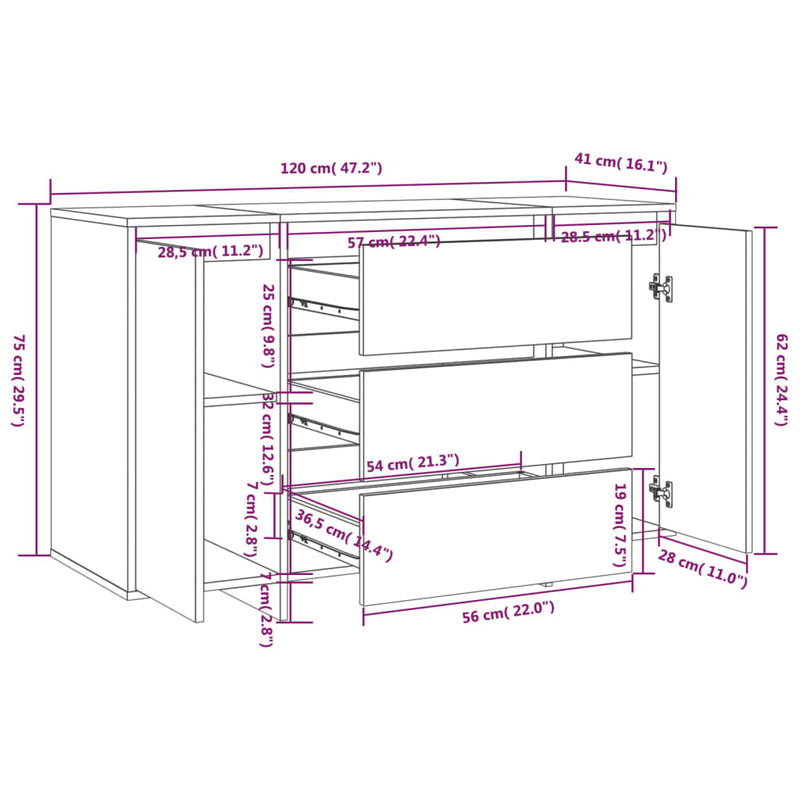 vidaXL betonszürke szerelt fa tálalószekrény 3 fiókkal 120x41x75 cm