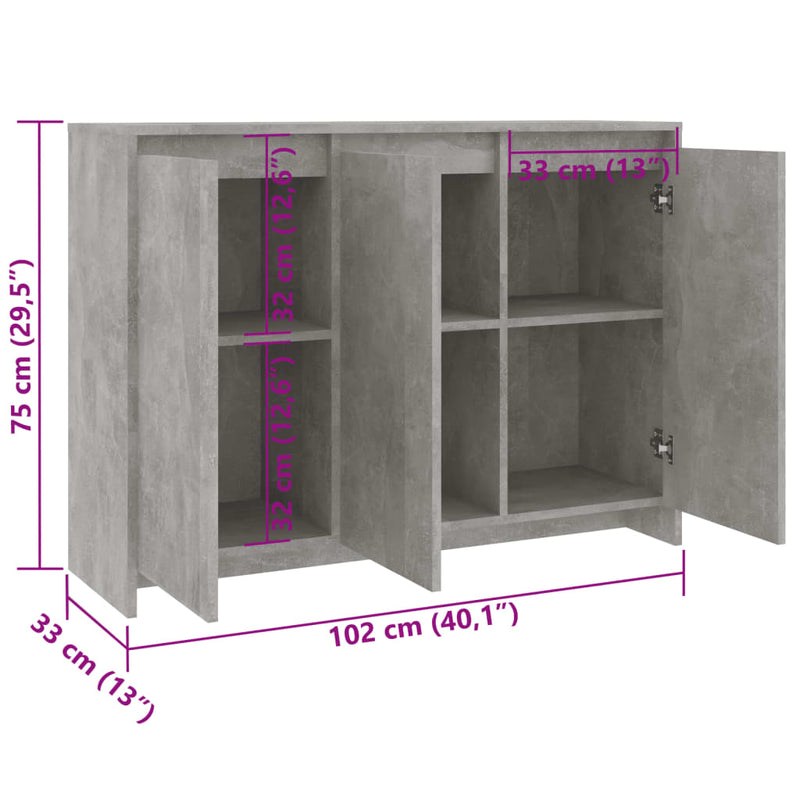 vidaXL betonszürke szerelt fa tálalószekrény 102 x 33 x 75 cm